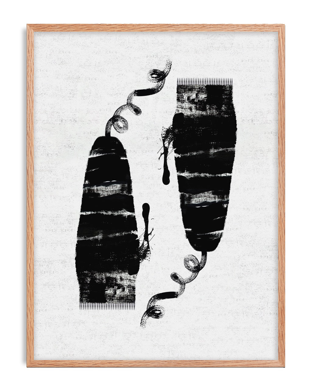 Oak-framed abstract art print with two textured black forms, curling lines, and ink drips on white.