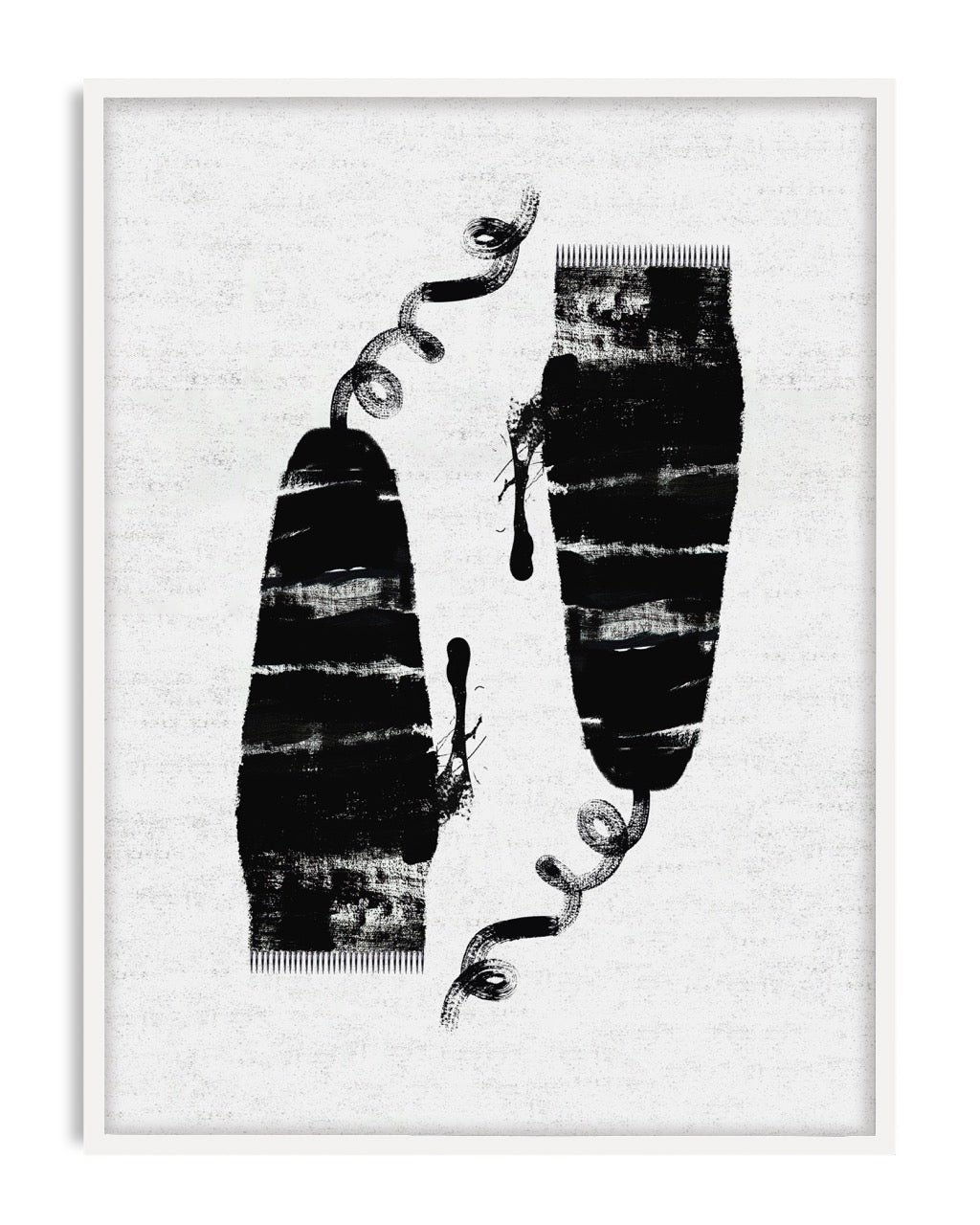 White-framed abstract art print with two textured black forms, curling lines, and ink drips on white.