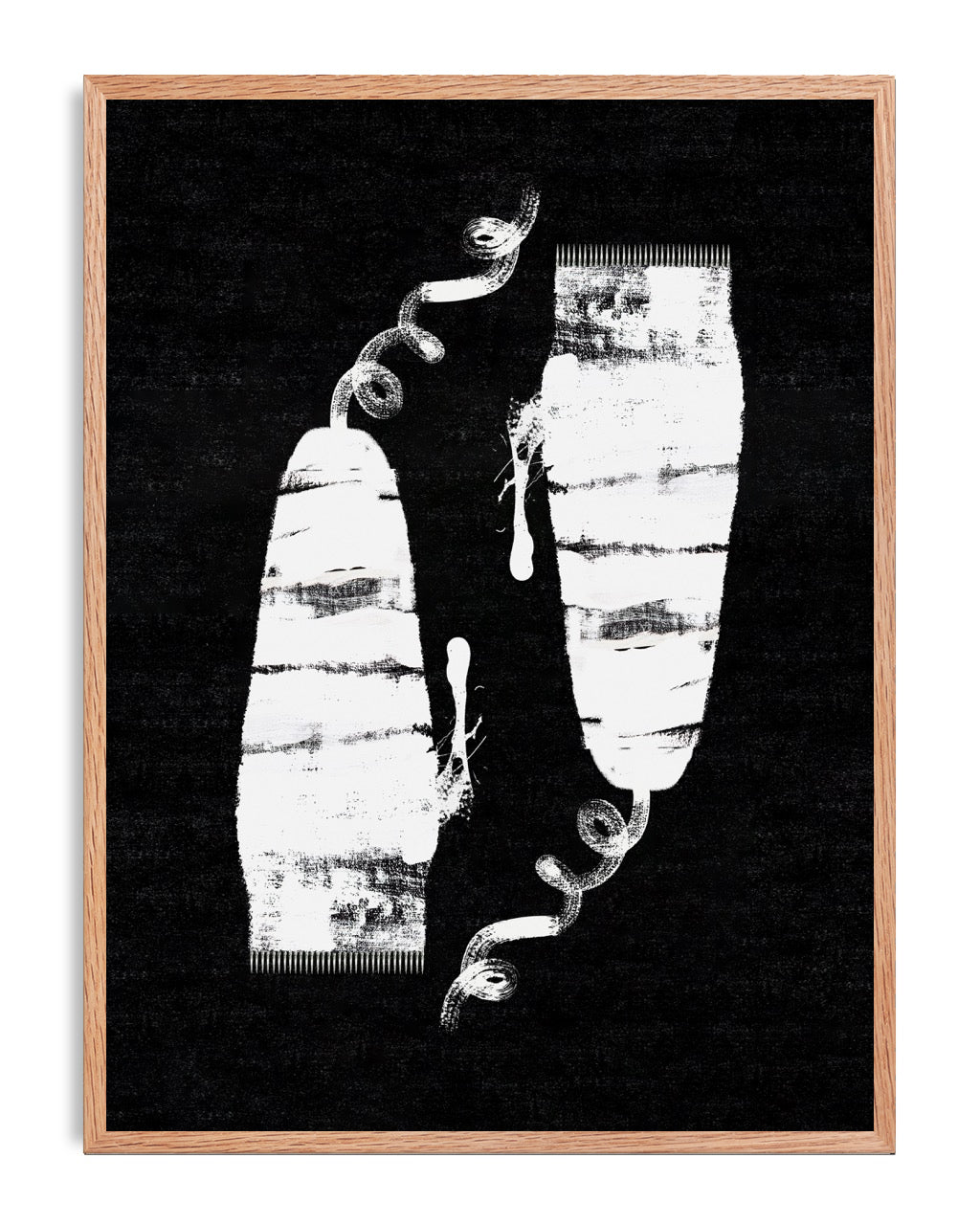 Oak-framed Clippers art print featuring two distressed white clipper shapes and curling cords on a textured black background.
