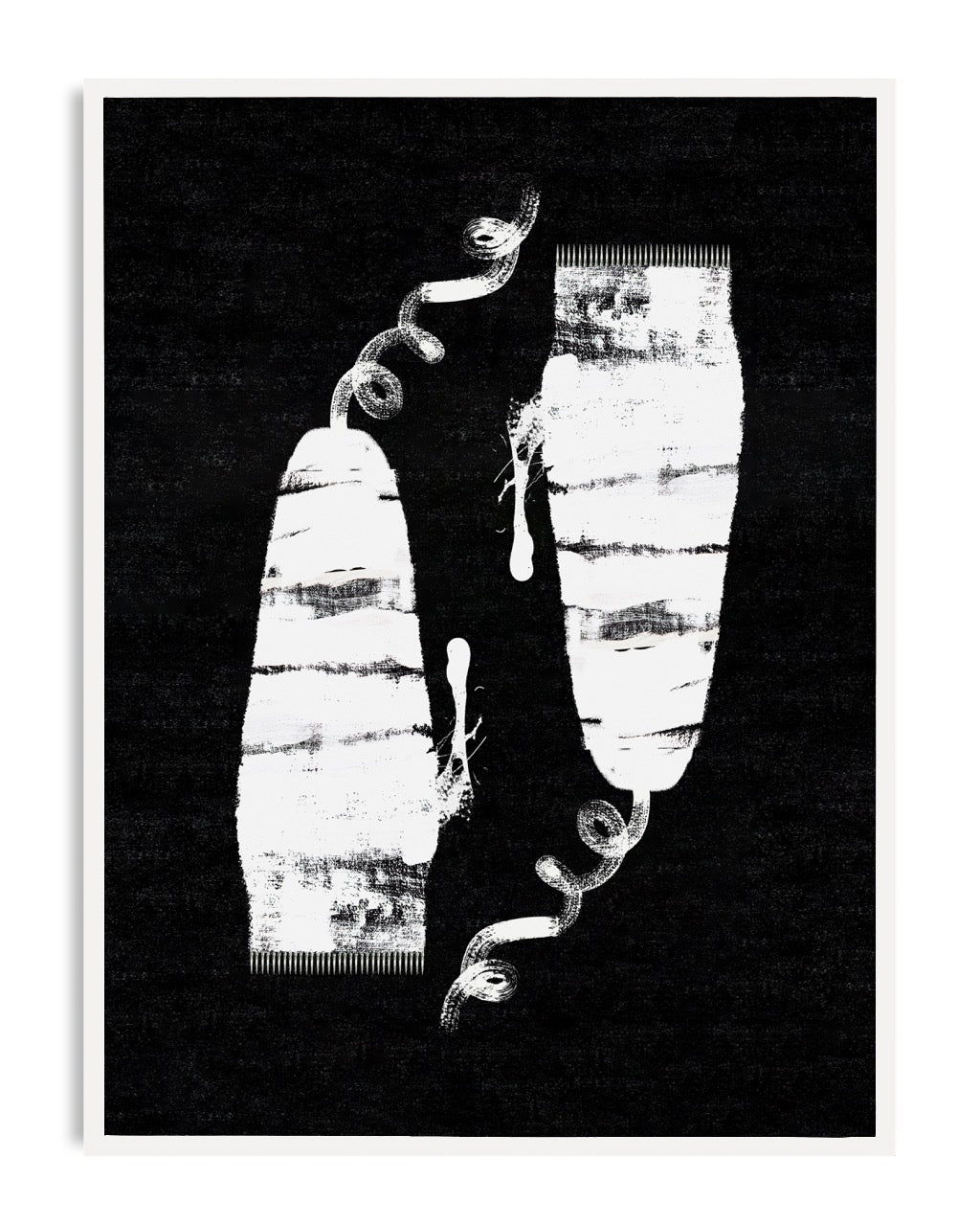 White-framed Clippers art print featuring two distressed white clipper shapes and curling cords on a textured black background.