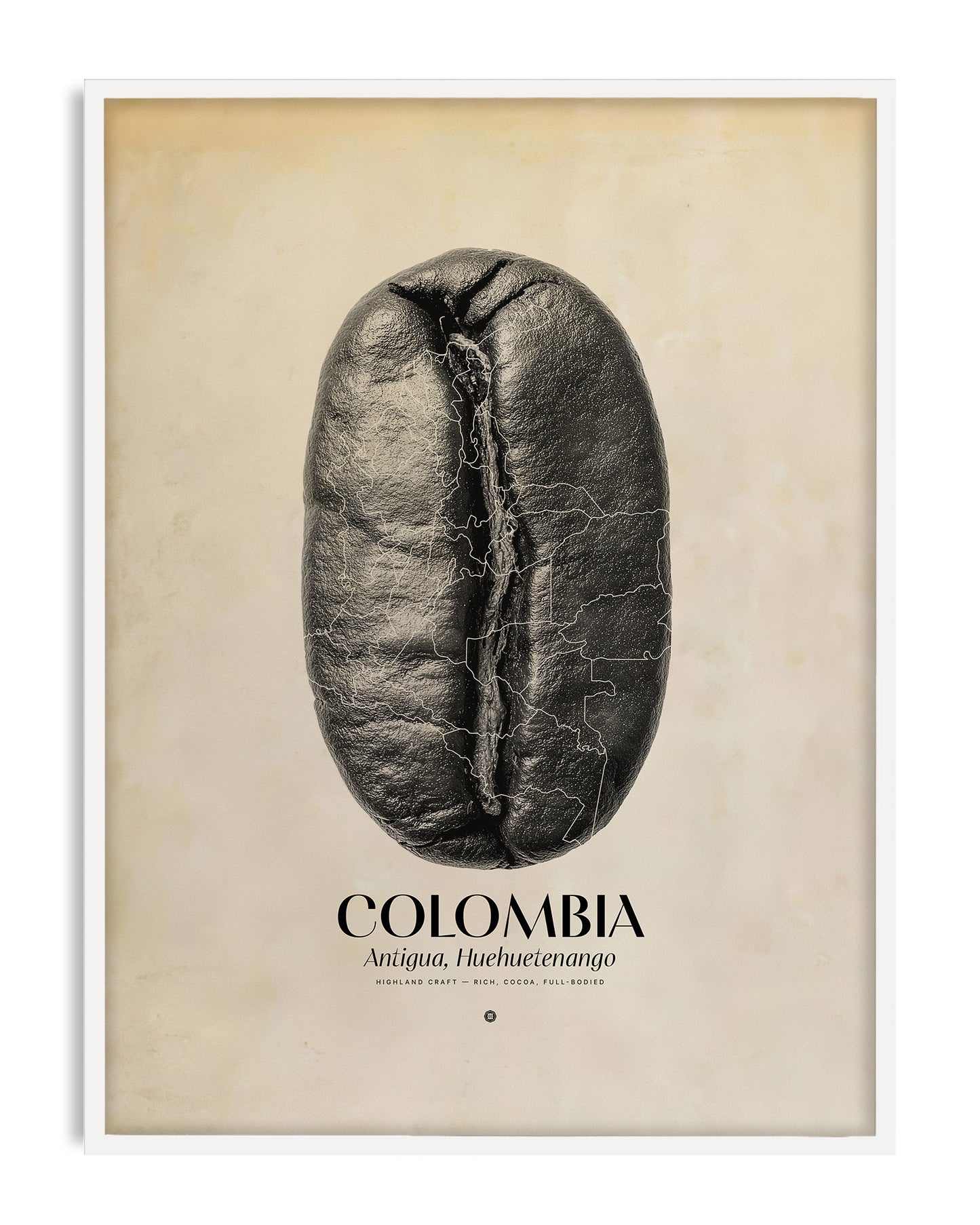 White-framed Colombia Antigua, Huehuetenango art print featuring a black coffee bean with map outlines.