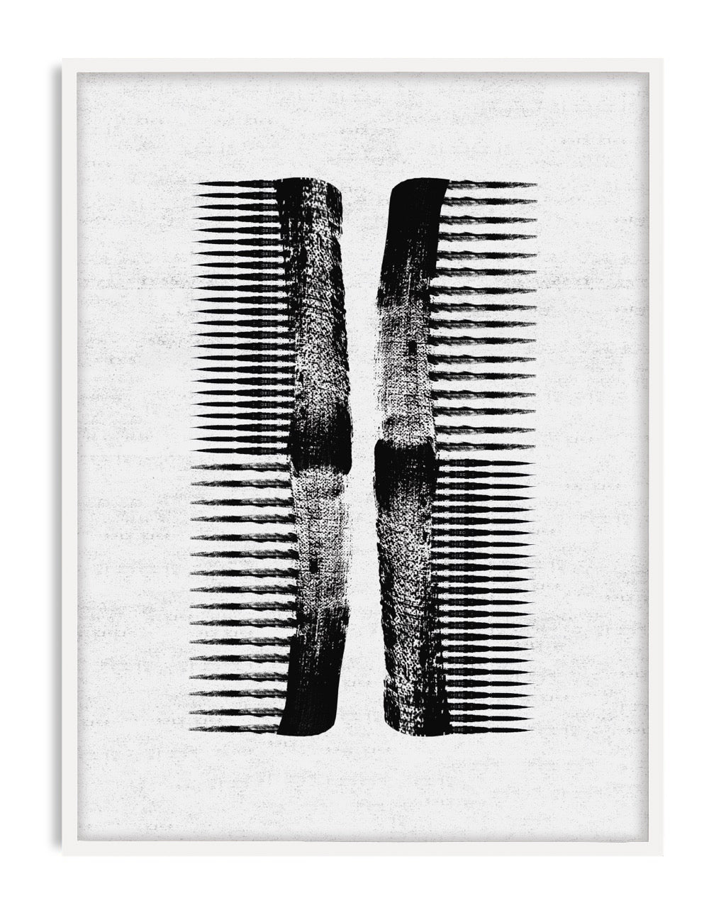 White-framed black abstract comb artwork on a textured white background.