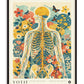 Black-framed anatomical artwork of a skeleton and circulatory system surrounded by colorful flowers and butterflies.