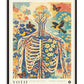 Black-framed YOTIF Corporis in Bloom No. 1 art print with a rib cage, branching vessels, flowers, butterflies, and a bird.