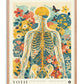 Oak-framed floral anatomy artwork featuring a skeleton, circulatory system, flowers, and butterflies.
