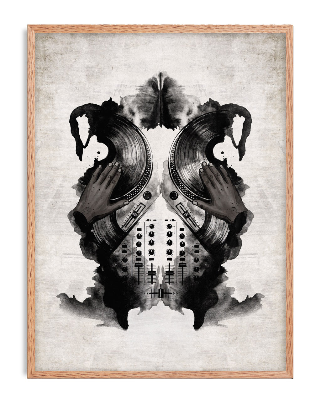 Oak-framed symmetrical black-and-white DJ artwork with hands on records and a mixing console.
