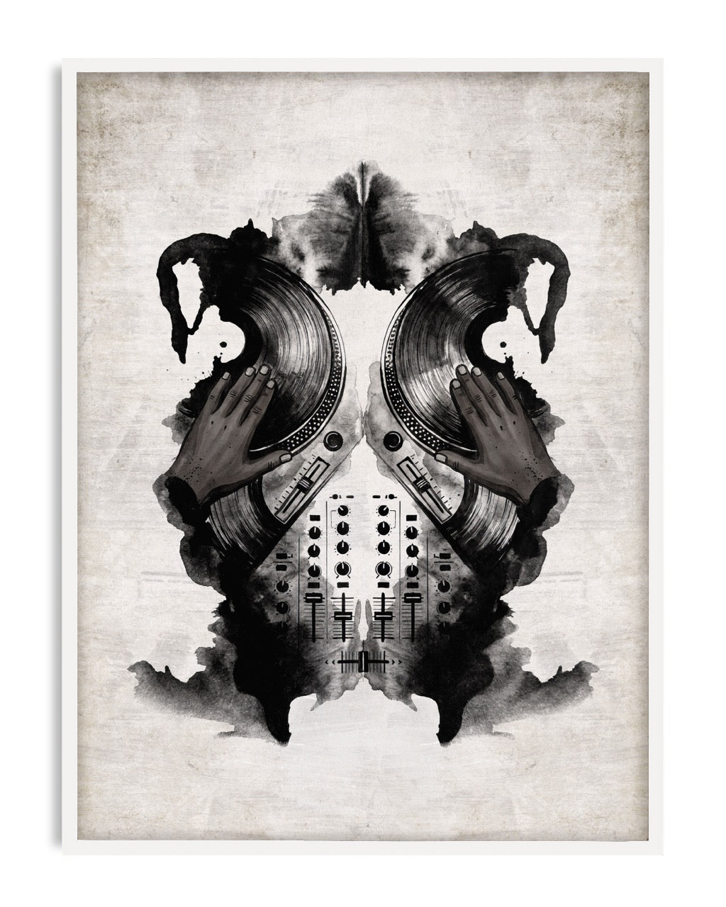 White-framed symmetrical black-and-white DJ artwork with hands on records and a mixing console.