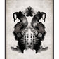 Black-framed monochrome artwork of mirrored hands on turntables above a DJ mixer, surrounded by inkblot forms.