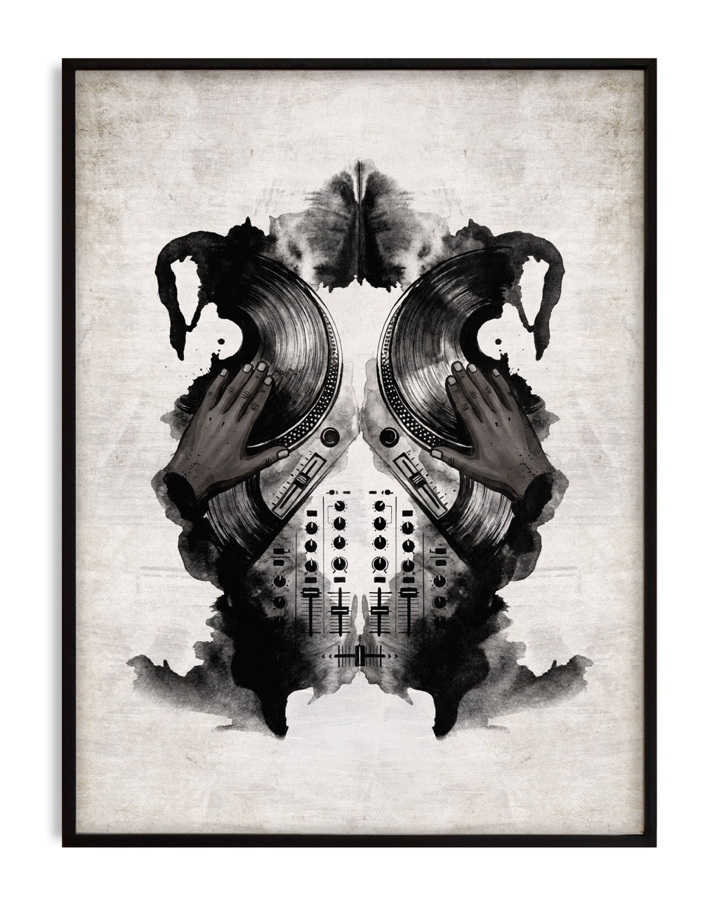 Black-framed monochrome artwork of mirrored hands on turntables above a DJ mixer, surrounded by inkblot forms.