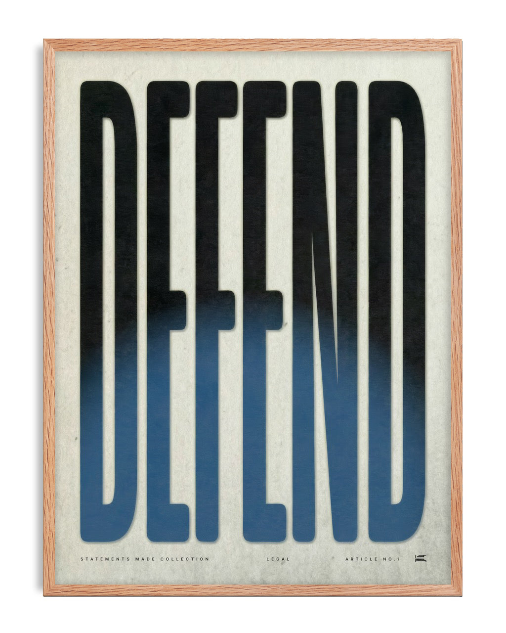 Oak-framed Defend typography artwork with elongated black letters fading into blue on a textured cream background.