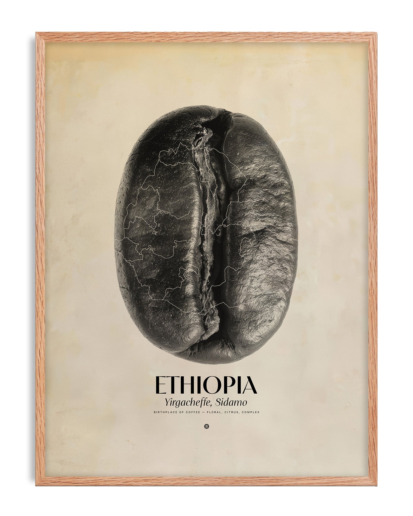 Oak-framed Ethiopia Yirgacheffe, Sidamo art print featuring a black coffee bean with map outlines.