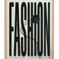Oak-framed FASHION typography artwork with an oversized button and looping black thread.