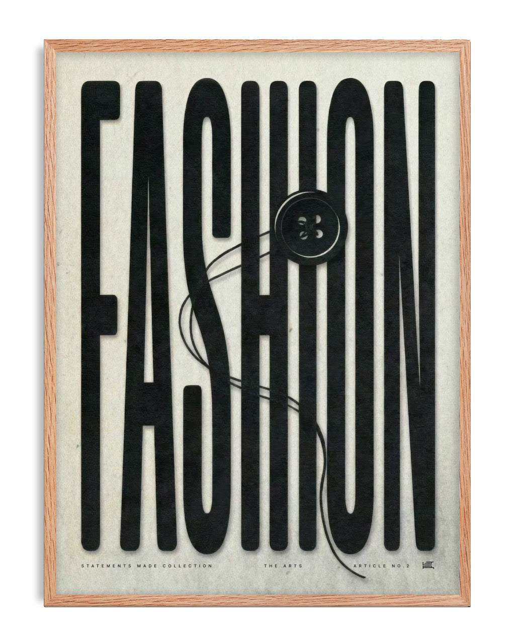 Oak-framed FASHION typography artwork with an oversized button and looping black thread.