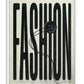 White-framed FASHION typography artwork with an oversized button and looping black thread.