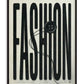 Black-framed FASHION typography artwork with an oversized button and looping black thread.