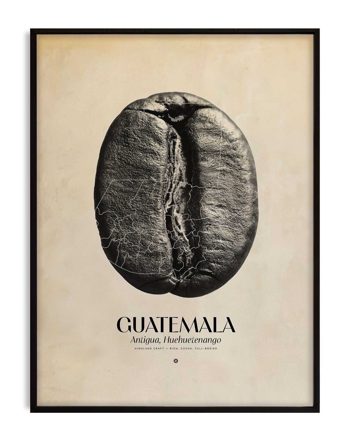 Black-framed Guatemala coffee origins artwork featuring a black-and-white coffee bean overlaid with map lines on a cream background.