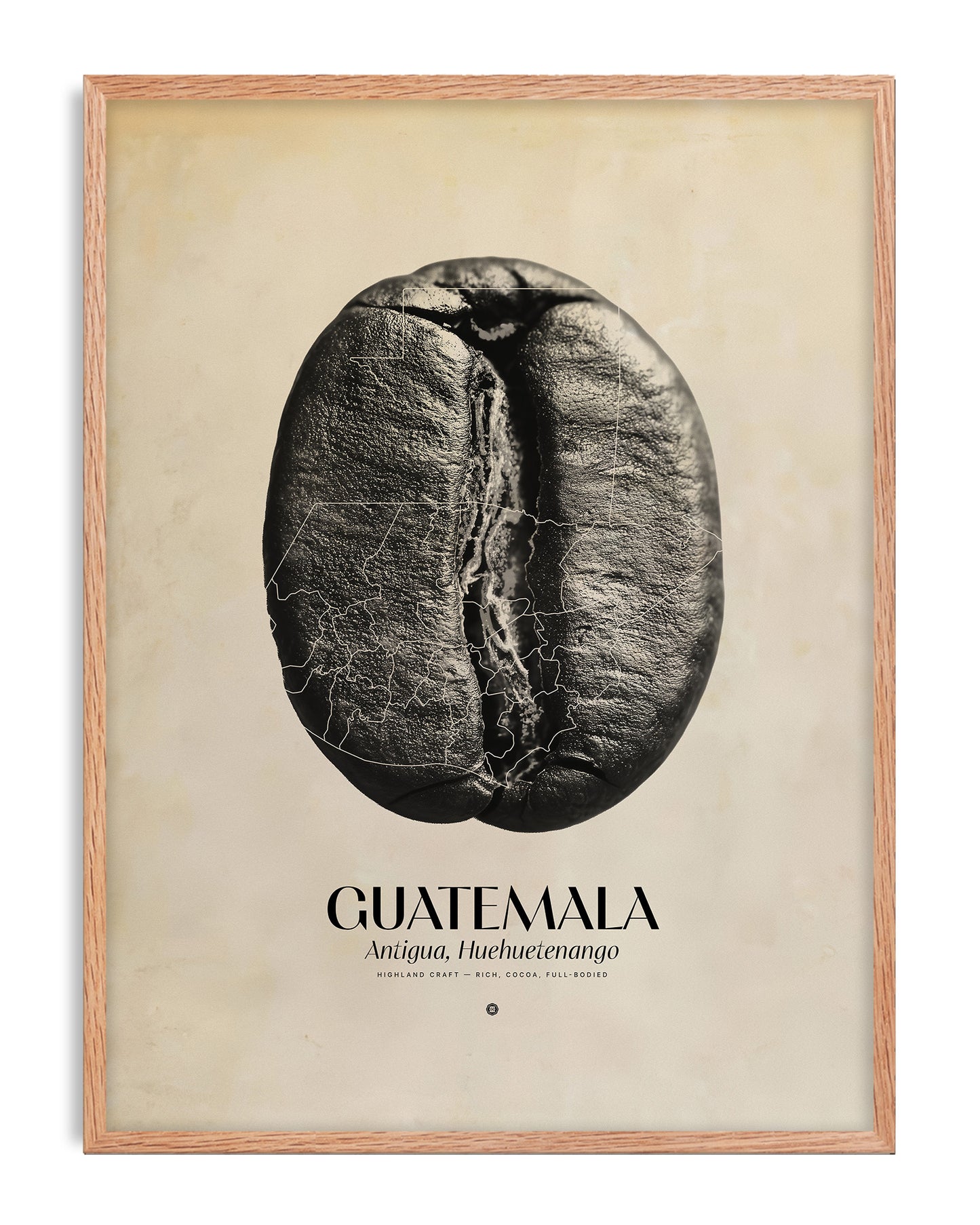 Oak-framed Guatemala coffee origins artwork featuring a black-and-white coffee bean overlaid with map lines on a cream background.
