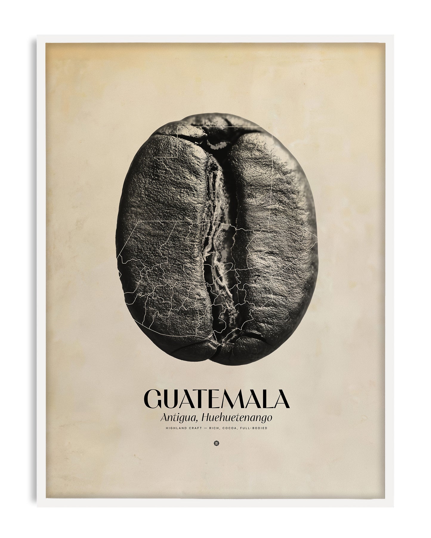 White-framed Guatemala coffee origins artwork featuring a black-and-white coffee bean overlaid with map lines on a cream background.