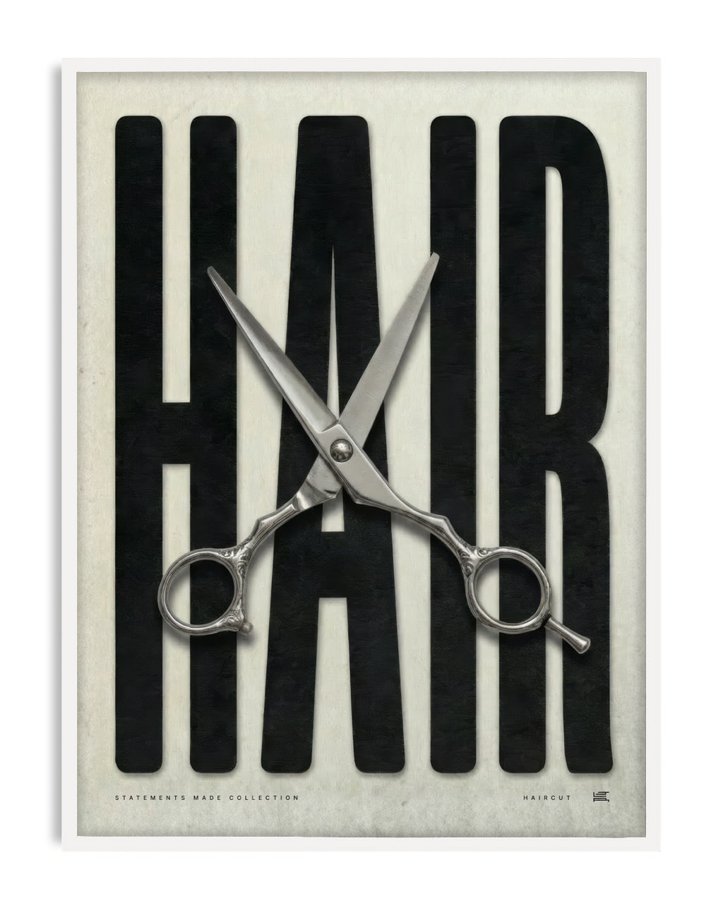 White-framed HAIR artwork with oversized black lettering and open silver haircutting scissors.