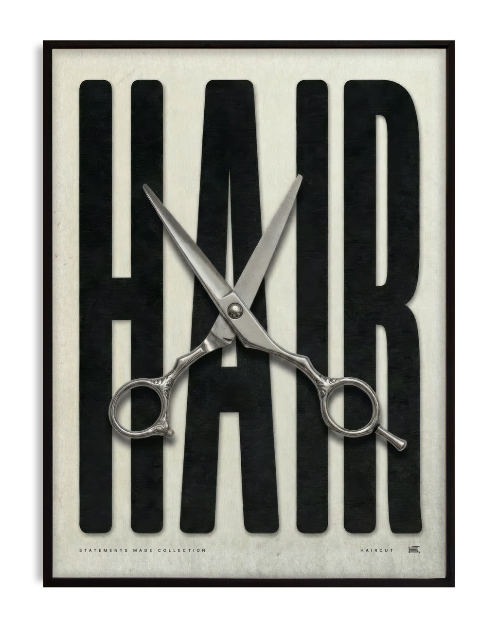 Black-framed HAIR artwork with oversized black lettering and silver haircutting scissors.