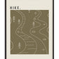 Black-framed HIKE. artwork with white winding trails, streams, trees, rocks, and map symbols on olive green.