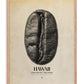 Oak-framed Hawaii Kona coffee art print featuring an enlarged coffee bean with island outlines.