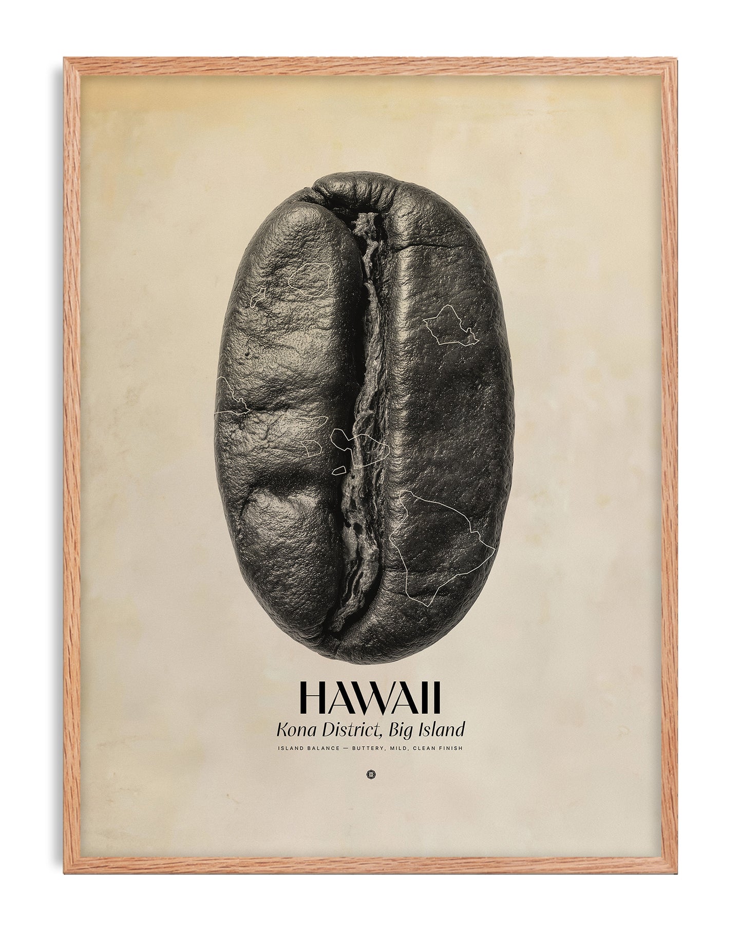 Oak-framed Hawaii Kona coffee art print featuring an enlarged coffee bean with island outlines.