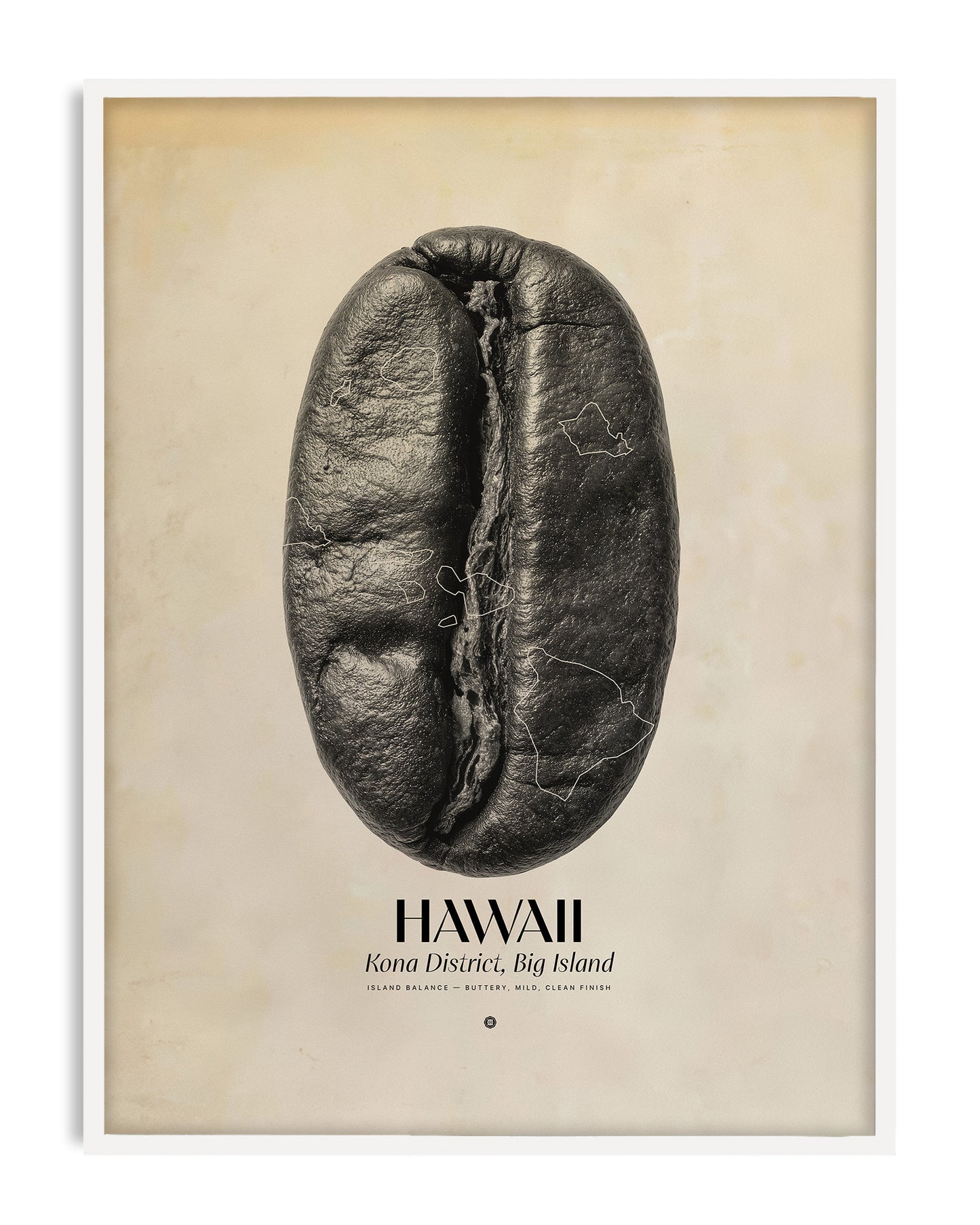 White-framed Hawaii Kona coffee art print featuring an enlarged coffee bean with island outlines.