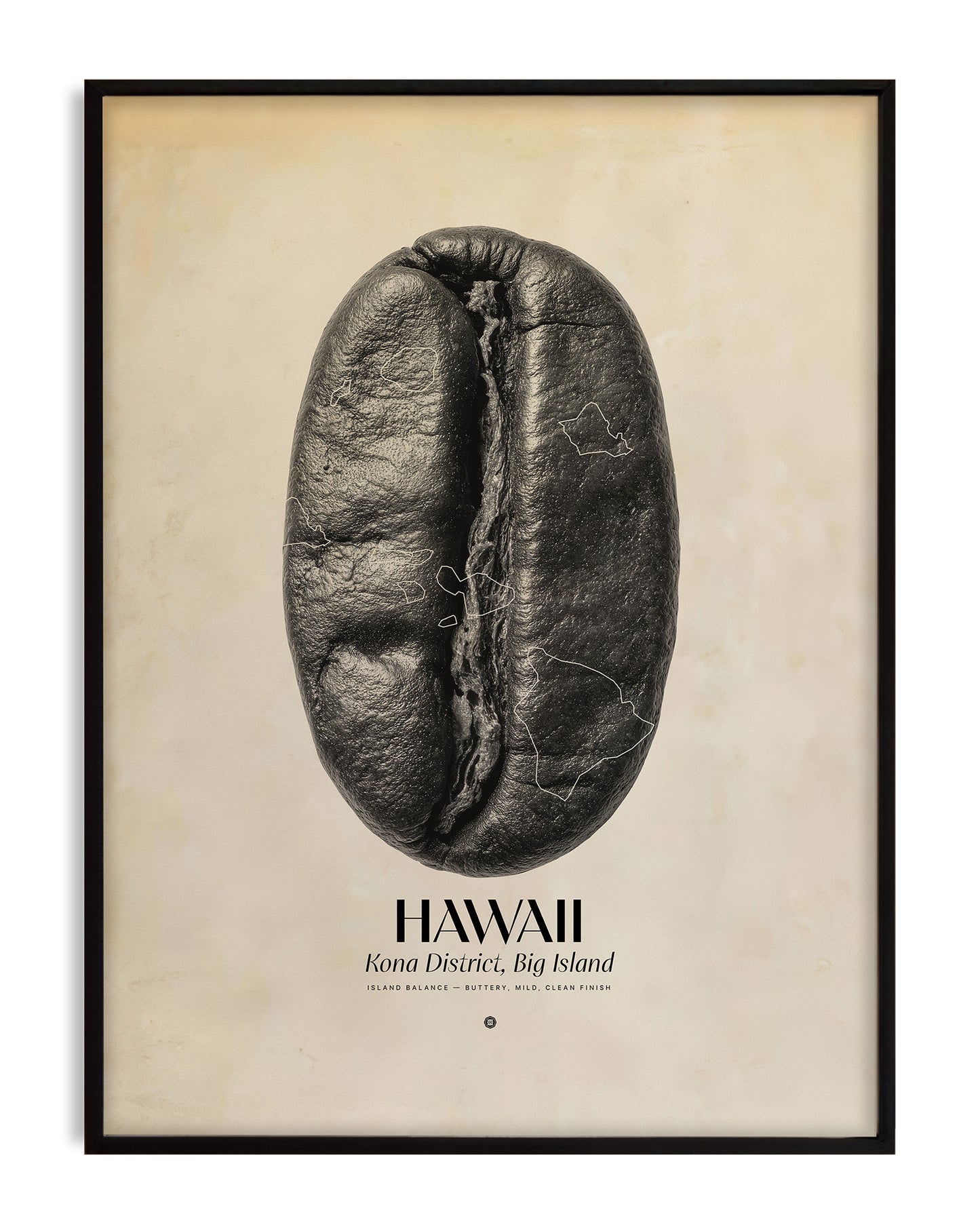 Black-framed Hawaii Kona coffee art print featuring an enlarged coffee bean with island outlines.