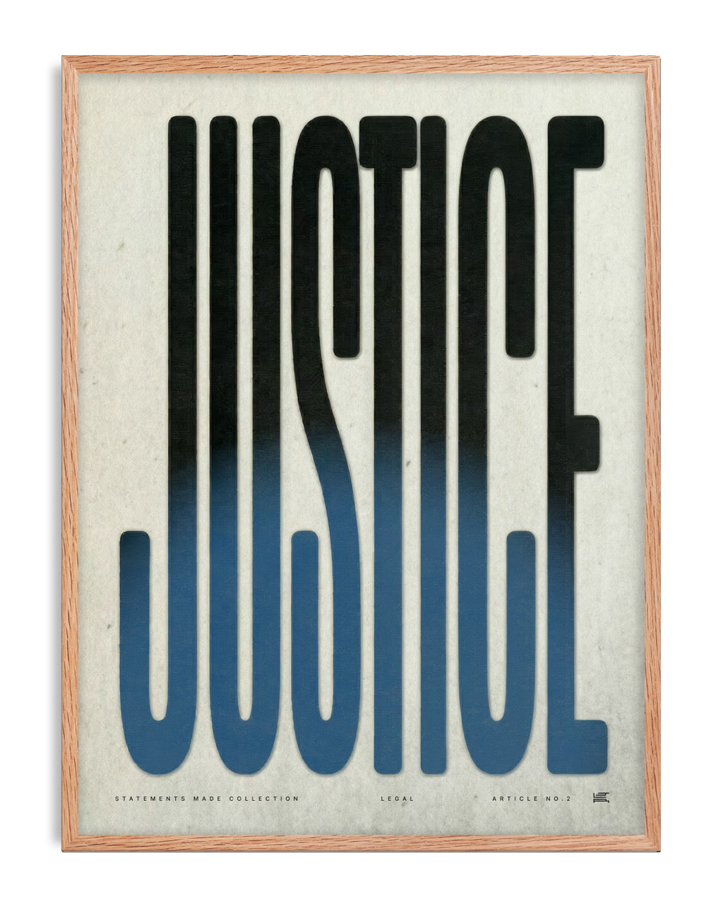 Oak-framed JUSTICE typography art print with elongated black and blue lettering