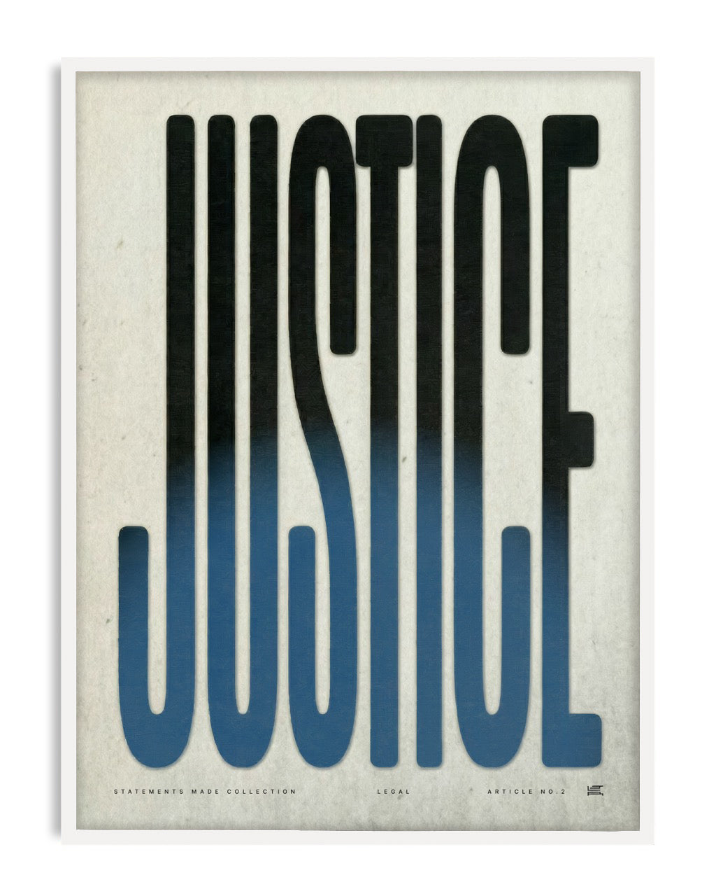 White-framed JUSTICE typography art print with elongated black and blue lettering