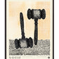 Black-framed YOTIF legal collection art print featuring two black illustrated gavels over orange and black halftone patterns.