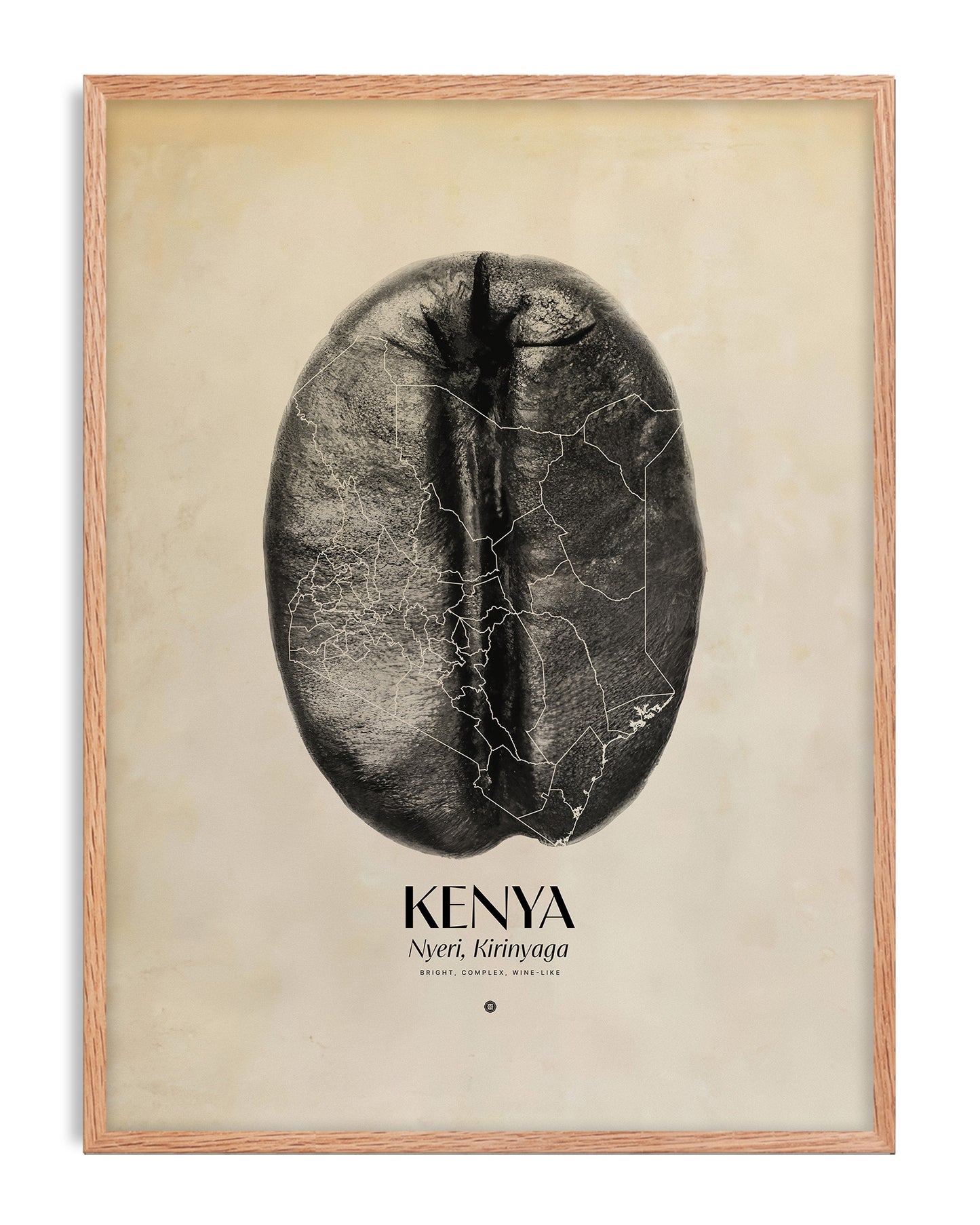 Oak-framed Kenya coffee artwork featuring a large mapped coffee bean on a warm cream background