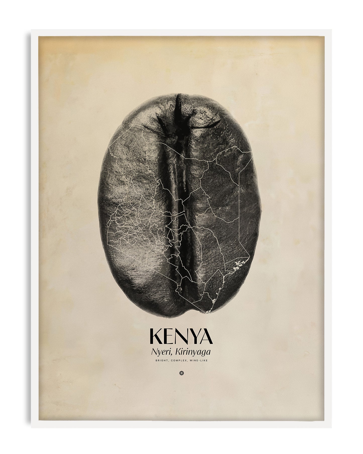 White-framed Kenya coffee artwork featuring a large mapped coffee bean on a warm cream background
