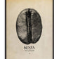 Black-framed Kenya coffee artwork featuring a large coffee bean overlaid with map boundaries