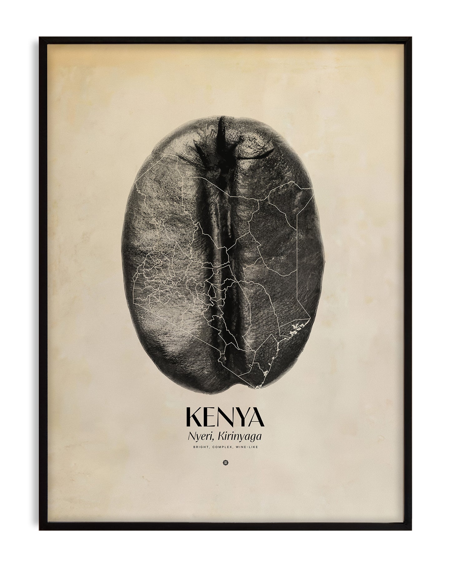 Black-framed Kenya coffee artwork featuring a large coffee bean overlaid with map boundaries