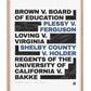 Oak-framed civil rights art print listing Brown v. Board of Education, Plessy v. Ferguson, Loving v. Virginia, Shelby County v. Holder, and Regents of the University of California v. Bakke.
