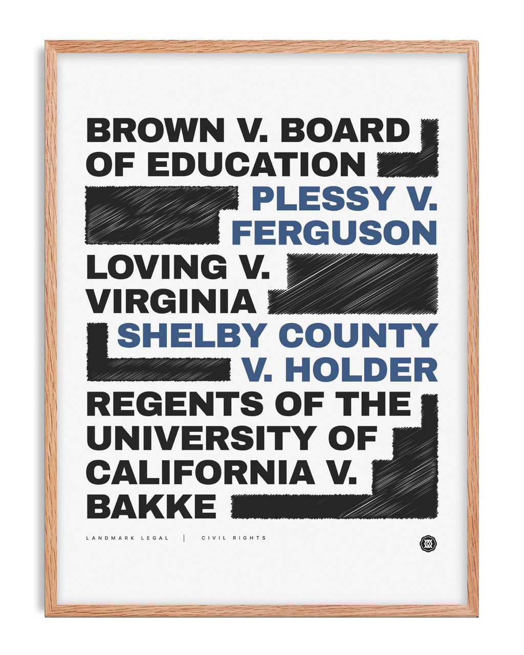 Oak-framed civil rights art print listing Brown v. Board of Education, Plessy v. Ferguson, Loving v. Virginia, Shelby County v. Holder, and Regents of the University of California v. Bakke.