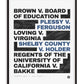 Black-framed civil rights art print listing Brown v. Board of Education, Plessy v. Ferguson, Loving v. Virginia, Shelby County v. Holder, and Regents of the University of California v. Bakke.
