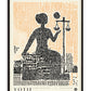Black-framed Lady Justice art print featuring a seated figure and balanced scales in black over an orange dot pattern.