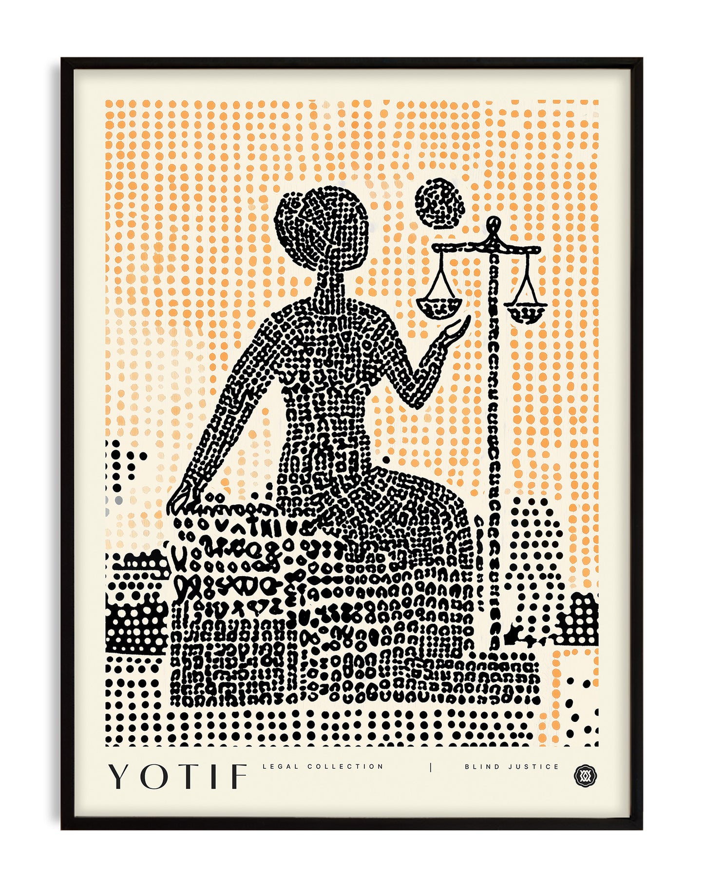 Modern Lady Justice wall art featuring a blindfolded figure with scales, created using abstract dot and text pattern