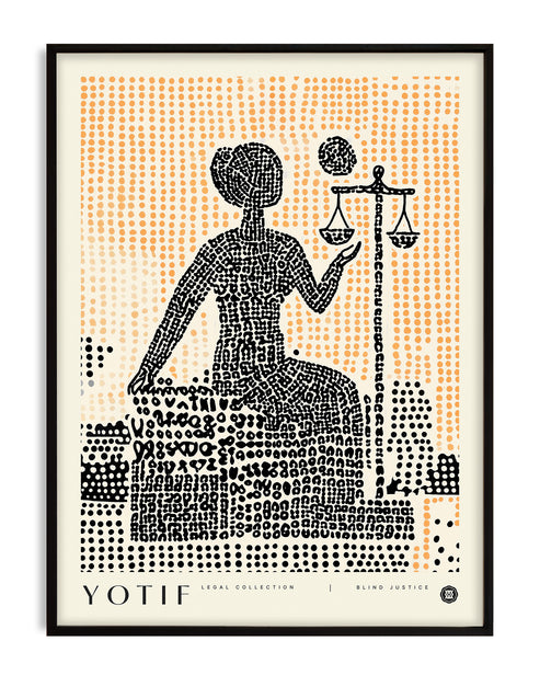 Modern Lady Justice wall art featuring a blindfolded figure with scales, created using abstract dot and text pattern