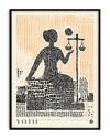 Modern Lady Justice wall art featuring a blindfolded figure with scales, created using abstract dot and text pattern