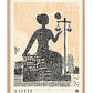 Oak-framed Lady Justice art print featuring a seated figure holding balanced scales over orange and black dot patterns.