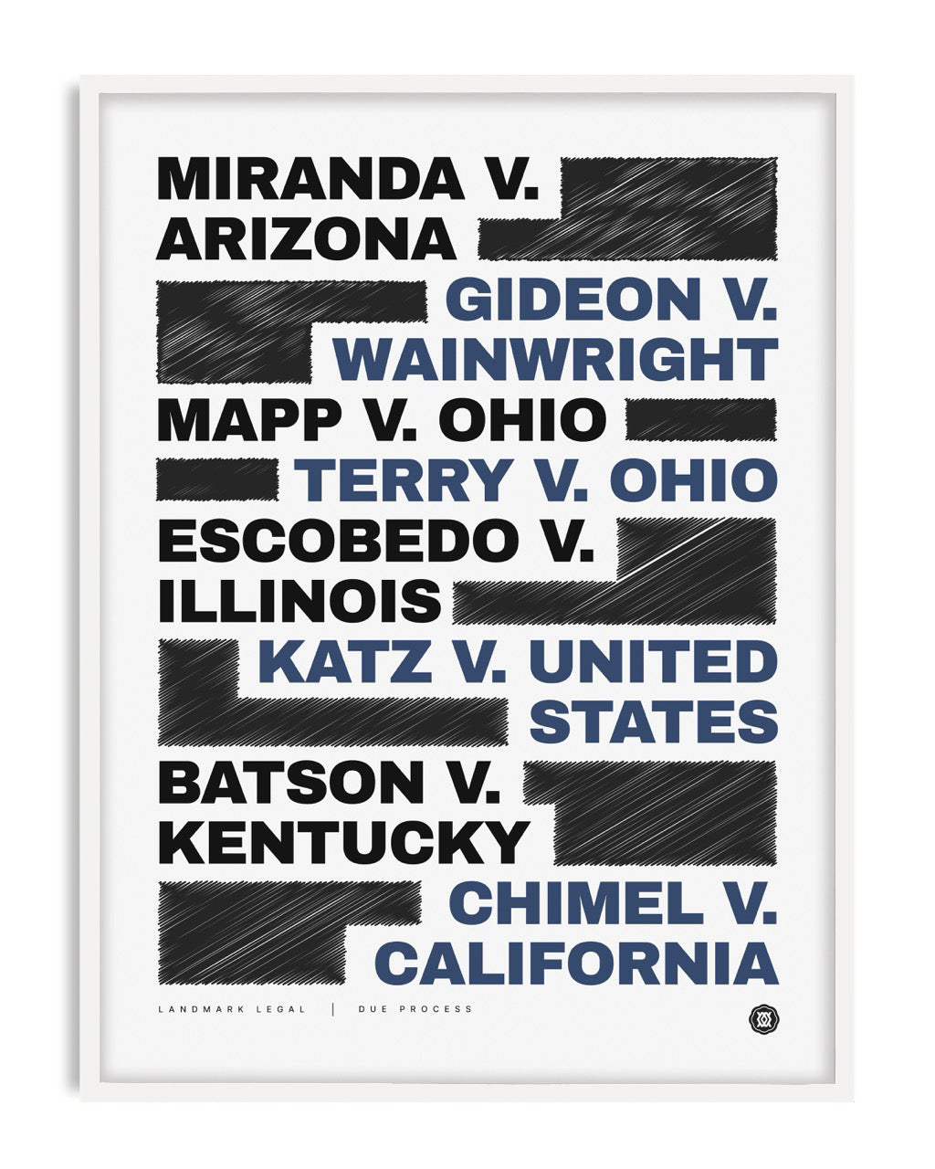 White-framed due process artwork listing landmark legal cases in bold black and blue type with scribbled blocks.