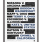 Black-framed due process artwork listing landmark legal cases in bold black and blue type with scribbled blocks.