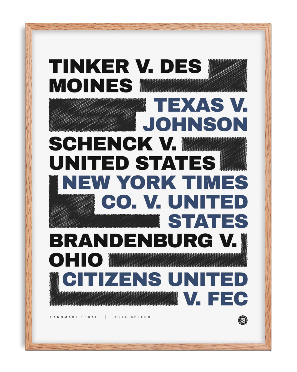Oak-framed typography art print listing landmark free speech legal cases in black and blue with hatched graphic blocks.