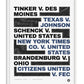 White-framed typography art print listing landmark free speech legal cases in black and blue with hatched graphic blocks.