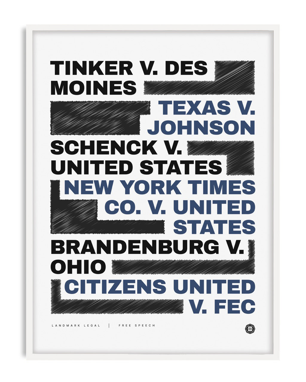 White-framed typography art print listing landmark free speech legal cases in black and blue with hatched graphic blocks.