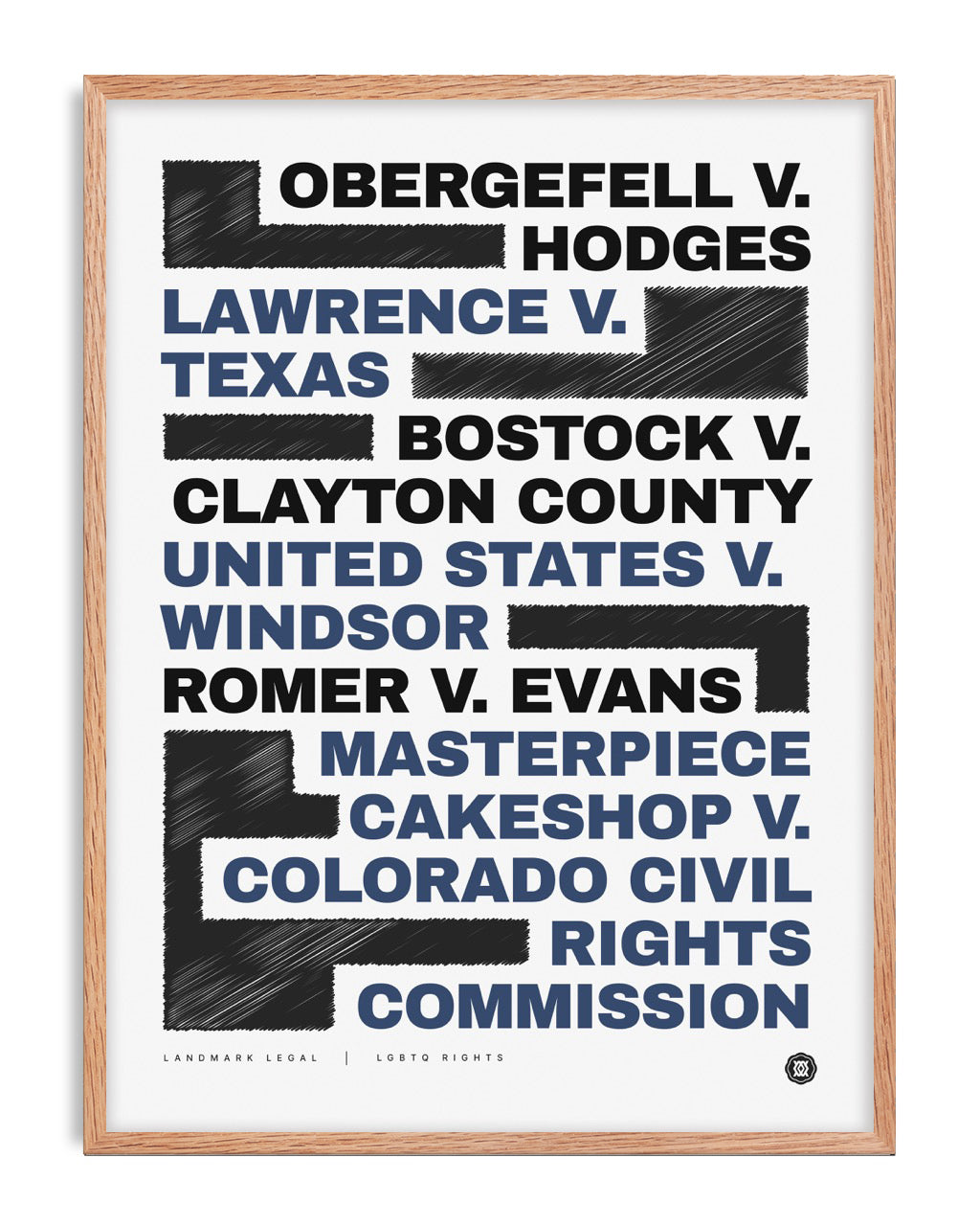 Oak-framed LGBTQ rights art print listing landmark court cases in black and blue typography.